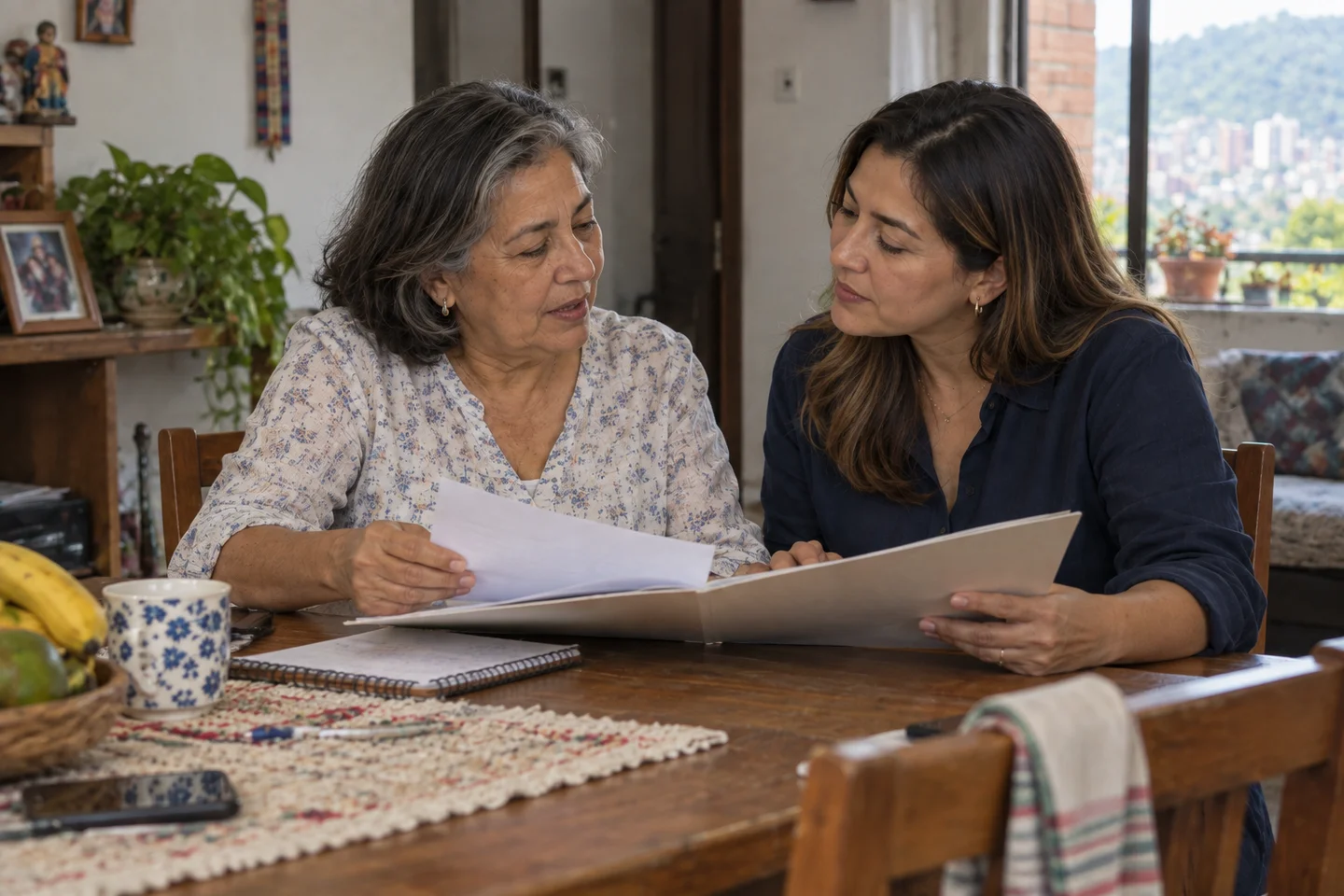 Escena ilustrativa: una mujer mayor y su hija revisan documentos juntas.