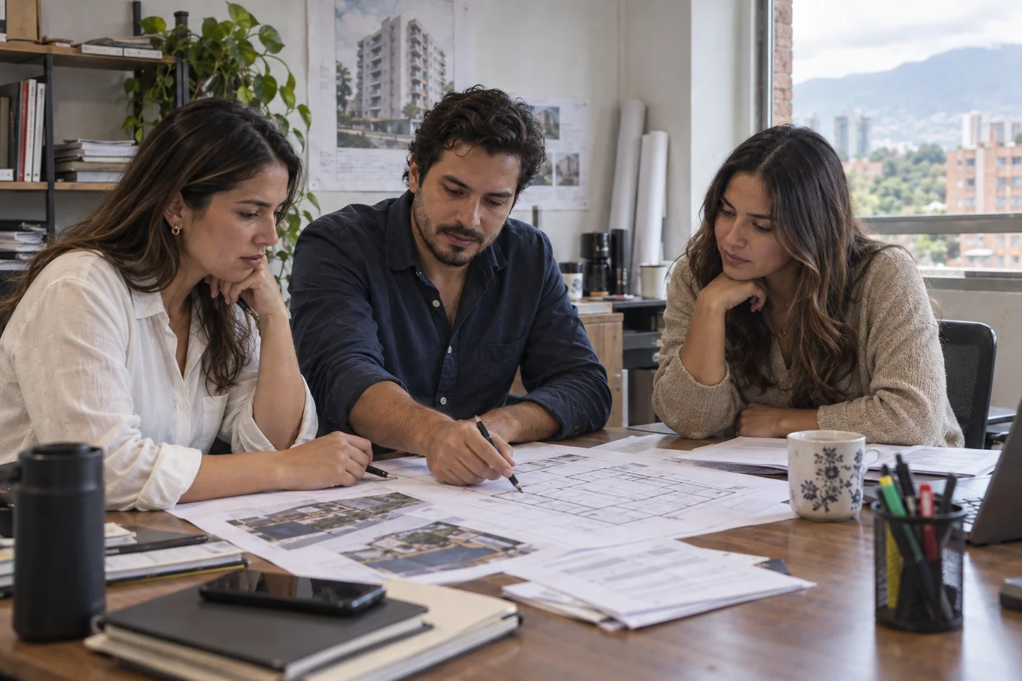 Escena ilustrativa: colaboradores revisan los planos de un proyecto inmobiliario.