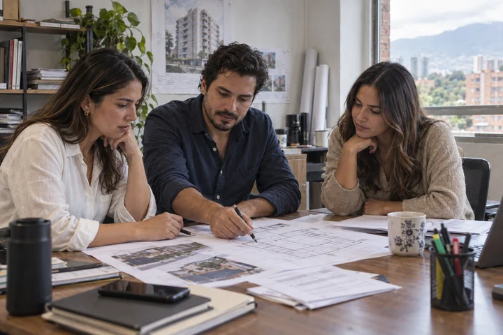 Escena ilustrativa de personas revisando un proyecto inmobiliario