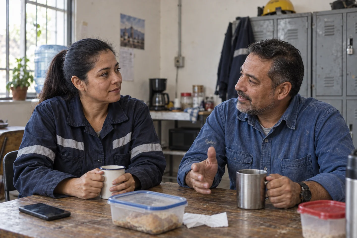 Escena ilustrativa: dos compañeros conversan durante una pausa de trabajo.